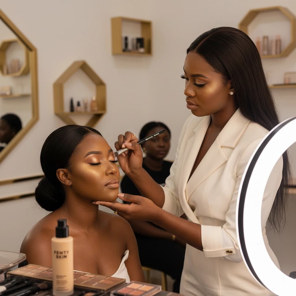 A vendor doing makeup for a client at home